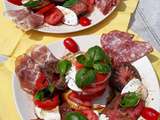 Assiette trois tomates, mozzarella, basilic