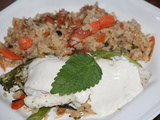 Filets de cabillaud, creme a la melisse citronnelle, broccolini, carottes et riz pilaf