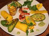 Gambas grillees et en cannelloni de mangue, avocats grilles