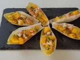 Barquettes endives emplies de mangue, crevettes bouquet, vanille, citron vert