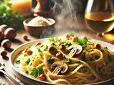 Spaghettis carbonara végétariens aux champignons et noisettes