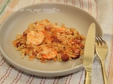 Poèlée de riz aux crevettes, dés de jambon et chorizo