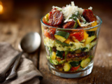 Verrine légumes poêlés, chorizo croustillant et parmesan