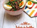 Salade de lentilles au curry, oeuf mollet et lardons