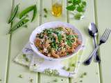 Fusilli complètes aux petits pois, crème de parmesan et menthe