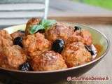 Boulettes bœuf, veau et parmesan, sauce aux tomates fraîches, tomates confites et olives noires