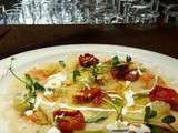 Carpaccio. 
Yellowtail carpaccio, lime, dried tomatoes, yogurt