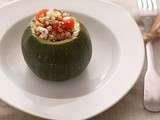 Courgettes farcies aux tomates cerises, quinoa/boulgour et brebis