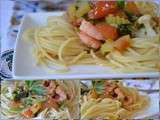 Spaguetti aux fleurettes de brocolis et de chou fleur, céleri branche et crevettes