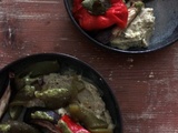 Poivrons et aubergines rôties, purée de haricots blancs au pesto