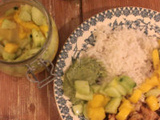 Poulet aux agrumes, riz à la noix de coco avec concombre et mangue au gingembre et sauce à l’avocat (oui c’est long)