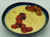 Soupe poireaux pommes de terre, croutons et chorizo