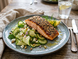 Pavé de Saumon Grillé au Sésame et salade folle aux courgettes
