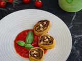 Fleischschnacka aux aubergines, chèvre frais d’Alsace et basilic