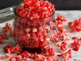 Popcorn ensanglanté (caramel rouge + coulis de framboise)