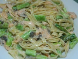 Creamy Pasta with Salmon, Asparagus and Mushrooms