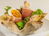 Corolles aux asperges blanches, speck et oeuf dur