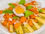 Purée de pois cassés, carottes, riz, oeuf et cheddar