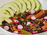 Salade de lentilles beluga au concombre, cranberries et truite fumée