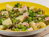 Salade de pomme de terre au jambon, petits pois et haricots