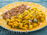 Saucisses grillées, courgettes sautées au curcuma