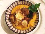 Soupe de courge butternut, garniture de panais, pomme champignons