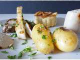 Cèpes, boudin blanc, pommes de terre au gros sel, tartelettes pommes fleurs