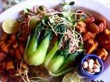 Nouilles Soba au tofu fumé, bok choi, gingembre, et plein d'affaires