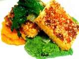 Tofu  croûté  sur demi-lit de citrouille et demi-lit de brocoli