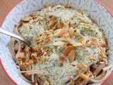 Spaghettis de riz, sauce amandes et brocolis sans gluten, sans lait,