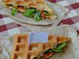 Gaufre-sandwich au chorizo, crème de poivron et mozzarella