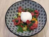 Burrata au basilic, tomates cerise et carpaccio