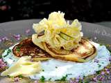 Crêpes de pommes de terre à la crème, aux fines herbes et Tête de Moine aoc