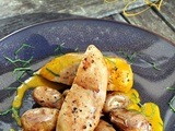 Filets de poulet, pommes de terre rattes, sauce au curcuma fumée