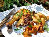 Poulet en crapaudine à la moutarde à la vanille de Tahiti, pommes de terre Ratte et girolles poêlées