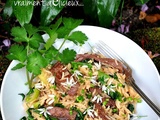 Riz sauté aux lamelles de boeuf caramélisées et légumes verts