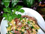 Riz sauté aux lamelles de boeuf caramélisées et légumes verts