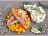 Rougets sur lit de mangue, risotto au vin jaune et aneth