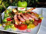 Salade de magret, tomates de toutes les couleurs et sauce basilic