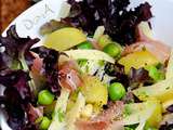 Salade de pommes de terre, petits pois frais, jambon cru