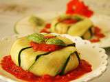 Courgettes au chèvre frais en Charlotte, coulis de poivron rouge au basilic