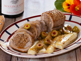 Rôti de veau farci aux olives et endives braisées
