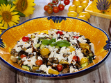 Salade d’aubergines rôties, tomates cerises et mozarella