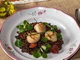 Salade tiède de lentilles aux noix de St-Jacques et chorizo