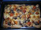 Focaccia tomates cerises,oignons frais et tomme de Savoie