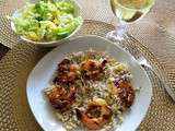 Crevettes bbq miel-sriracha sur riz orange-gingembre