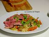 Filet de canard sur un lit de nouilles sautées et ses petits légumes