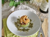 Flan de petits pois, lardons, crevettes au jus de coriandre