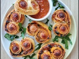 Palmiers feuilletes saucisses knacks, sauce tomates burrata sacla, epinards, emmental