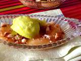 Pêches poêlées au Pineau, sorbet verveine citronnelle, émiettée de galette charentaise